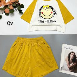 đồ bộ quần đùi áo crop top tay ngắn in chữ i am happy - DBO5114