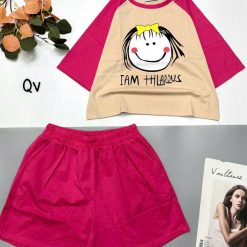 đồ bộ quần đùi áo crop top tay ngắn in chữ i am happy - DBO5114