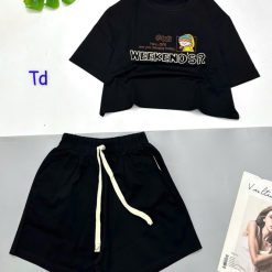 đồ bộ quần đùi áo crop top tay ngắn in chữ dây quần cột - DBO5115