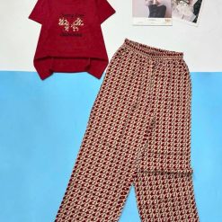 Đồ bộ quần dài nhiều họa tiết áo thun tay ngắn gân in nơ - DBO5121