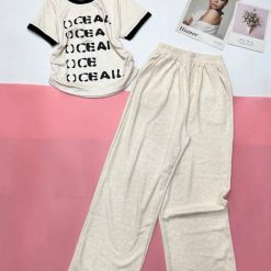 đồ bộ quần dài áo tay ngắn cổ tròn in chữ viền tay áo - DBO5122