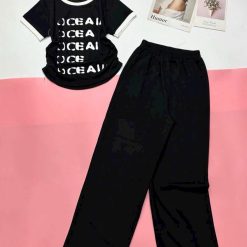 đồ bộ quần dài áo tay ngắn cổ tròn in chữ viền tay áo - DBO5122