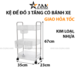 Kệ Để Đồ - Kệ 3 Tầng - Kệ Bếp - Kệ Nhựa Trong Suốt Có Bánh Xe 67x23x35cm - KDD3T