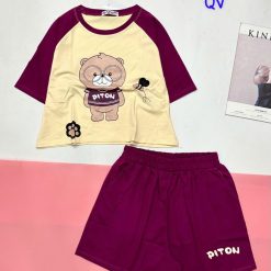 đồ bộ quần đùi áo crop top tay ngắn in hình gấu đeo kính - DBO5168