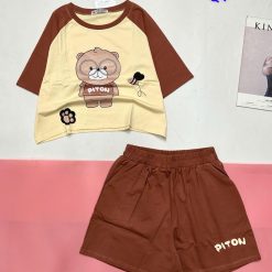 đồ bộ quần đùi áo crop top tay ngắn in hình gấu đeo kính - DBO5168