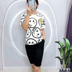 Đồ bộ áo thun quần lửng đen in mặt cười - DBO5169
