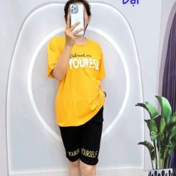 Đồ bộ quần lửng đen áo tay ngắn in chữ ống quần - DBO5170