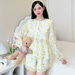 Đồ bộ quần đùi latin áo cổ tròn tay dài 2 lớp nhiều hoạ tiết - DBO5182
