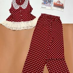 Đồ bộ mango áo ba lỗ cổ bèo ren quần ống rộng in chấm bi - DBO5189