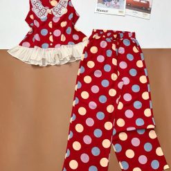 Đồ bộ mango áo ba lỗ cổ bèo ren quần ống rộng in chấm bi - DBO5189