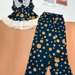 Đồ bộ mango áo ba lỗ cổ bèo ren quần ống rộng in chấm bi - DBO5189