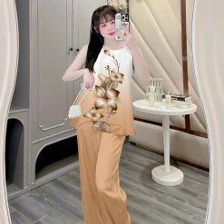 Đồ bộ mặc nhà siêu mát quần dài áo yếm dây nhiều bông lớn - DBO5190