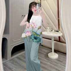 Đồ bộ mặc nhà siêu mát quần dài áo yếm dây nhiều bông lớn - DBO5190