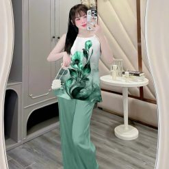 Đồ bộ mặc nhà siêu mát quần dài áo yếm dây nhiều bông lớn - DBO5190