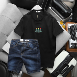 Set Bộ Nam Áo Thun Cổ Tròn In Nổi Chữ Holiday + Quần Short Jeans Chất Liệu Co Giãn (Có Size 3X) - SBN133