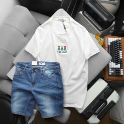 Set Bộ Nam Áo Thun Cổ Tròn In Nổi Chữ Holiday + Quần Short Jeans Chất Liệu Co Giãn (Có Size 3X) - SBN133