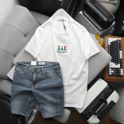 Set Bộ Nam Áo Thun Cổ Tròn In Nổi Chữ Holiday + Quần Short Jeans Chất Liệu Co Giãn (Có Size 3X) - SBN133