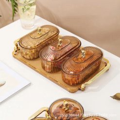 Bộ 3 Hộp Mứt Dài Nắp Gấu - Khay Đựng Mứt Tết Bánh Kẹo Chia Ngăn - Hũ Đựng Hoa Quả Bằng Nhựa 32,5x20x3,3cm & 16,8x9x7,5cm - KDDMNG3