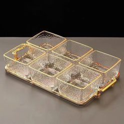 Khay Đựng Mứt Tết 6 Hũ Vuông Trắng Viền Vàng - Hũ Đựng Bánh Kẹo Các Loại Hạt Ngày Tết 31×18.3×3,5cm & 9x5.3cm - KDMT6H