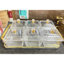 Khay Đựng Mứt Tết 6 Hũ Vuông Trắng Viền Vàng - Hũ Đựng Bánh Kẹo Các Loại Hạt Ngày Tết 31×18.3×3,5cm & 9x5.3cm - KDMT6H