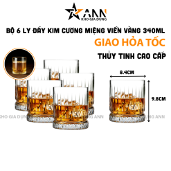 Bộ 6 Ly Đáy Kim Cương Trắng Trong Viền Vàng - Cốc Thủy Tinh Cao Cấp 340ml - LTTDKC01