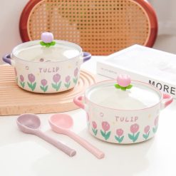 Tô Ăn Mì Bát Úp Mì Gốm Sứ Có Nắp Đậy Thuỷ Tinh Hoa Tulip Cao Cấp 11x19.5cm - TAM01