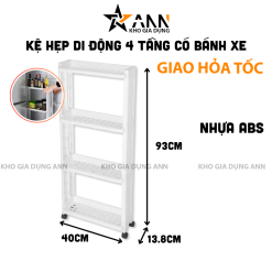Kệ Hẹp Để Đồ 4 Tầng - Kệ Bếp - Kệ Nhựa Có Bánh Xe 93x40x13,8cm - KDD4T02