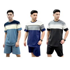 Set Bộ Nam Áo Thun Cổ Tròn Tay Ngắn Phối Sọc Màu + Quần Short Thun Thể Thao Cao Cấp (Big Size) - SBN139