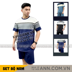 Set Bộ Nam Áo Thun Cổ Tròn Tay Ngắn Phối Sọc Màu + Quần Short Thun Thể Thao Cao Cấp (Big Size) - SBN139