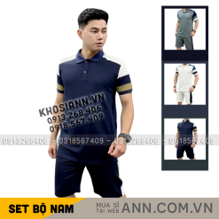 Set Bộ Nam Áo Thun Cổ Bẻ Phối Sọc Màu + Quần Short Thun Thể Thao (Big Size) - SBN141