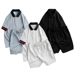 Set Bộ Nam Áo Thun Cổ Bẻ Phối Sọc Tay Áo + Quần Short Thun (Big Size) - SBN142