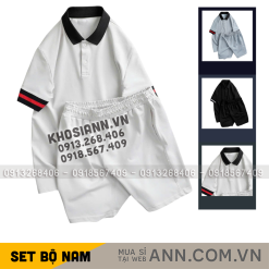 Set Bộ Nam Áo Thun Cổ Bẻ Phối Sọc Tay Áo + Quần Short Thun (Big Size) - SBN142