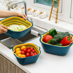 Bộ Rổ 6 Món Kèm Chậu Chất Liệu Nhựa Cao Cấp - Bộ Thau Rổ Đựng Rau Củ Quả 25x25x10cm, 21x21x8cm, 17x17x7cm - RCDRC01