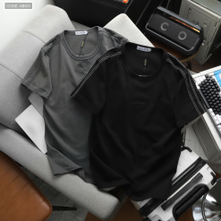 Áo Thun Nam Cổ Tròn Phối Sọc Thêu Logo Trước Ngực Bền Đẹp Có Big Size - AB531