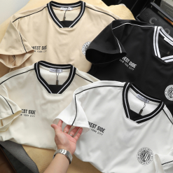 Áo Thun Nam Cổ Tròn Phối Sọc Và In Logo Chữ Bền Đẹp Trước Ngực Có Big Size - CS279