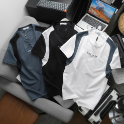 Áo Thun Nam Cổ Tròn Phối Sọc Màu & In Logo Chữ Trước Ngực Có Big Size - AB532