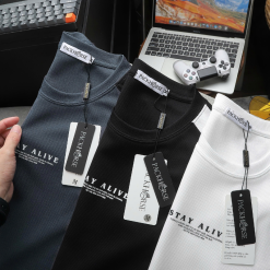 Áo Thun Nam Cổ Tròn Phối Sọc Màu & In Logo Chữ Trước Ngực Có Big Size - AB532