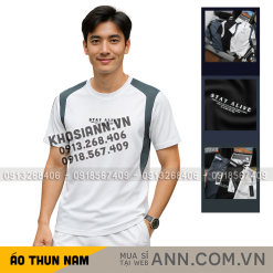 Áo Thun Nam Cổ Tròn Phối Sọc Màu & In Logo Chữ Trước Ngực Có Big Size - AB532