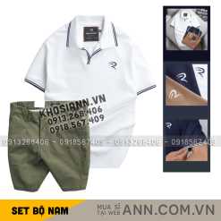 Set Bộ Nam - Áo Thun Nam Polo Cổ Bẻ Viền Bo Ngực Thêu Logo Chữ R Và Quần Short Kaki Co Giãn Phối Nút Cao Cấp (Có Size 36) - SBN160