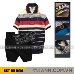 Set Bộ Nam - Áo Thun Nam Polo Cổ Bẻ Phối Sọc Vải Cotton Thêu Logo Hoàng Gia Và Quần Short Kaki Co Giãn Phối Nút Cao Cấp (Có Size 36) - SBN165