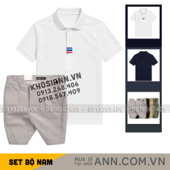Set Bộ Nam - Áo Thun Nam Polo Cổ Bẻ Thêu 3 Sọc Đỏ Xanh Và Quần Short Kaki Co Giãn Phối Nút Cao Cấp (Có Size 36) - SBN166