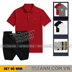 Set Bộ Nam - Áo Thun Nam Polo Cổ Bẻ Thêu Logo Chữ R Trước Ngực Và Quần Short Kaki Co Giãn Phối Nút Cao Cấp (Có Size 36) - SBN167