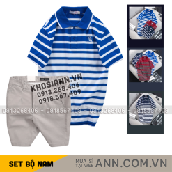 Set Bộ Nam - Áo Thun Nam Polo Cổ Bẻ Sọc Ngang Thêu Logo Trước Ngực Và Quần Short Kaki Co Giãn Phối Nút Cao Cấp (Có Size 36) - SBN169