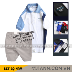 Set Bộ Nam - Áo Thun Nam Polo Cổ Bẻ Cá Sấu Poly Cổ Bẻ Ghép Vải Thêu Chữ Trước Ngực Và Quần Short Kaki Co Giãn Phối Nút Cao Cấp (Có Size 36) - SBN174
