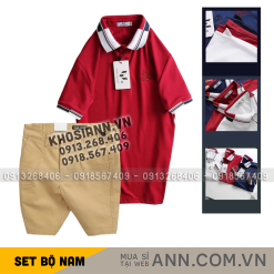 Set Bộ Nam - Áo Thun Nam Polo Cổ Bẻ Phối Sọc Thêu Logo Chữ Trước Ngực Bền Đẹp Và Quần Short Kaki Co Giãn Phối Nút Cao Cấp (Có Size 36) - SBN175