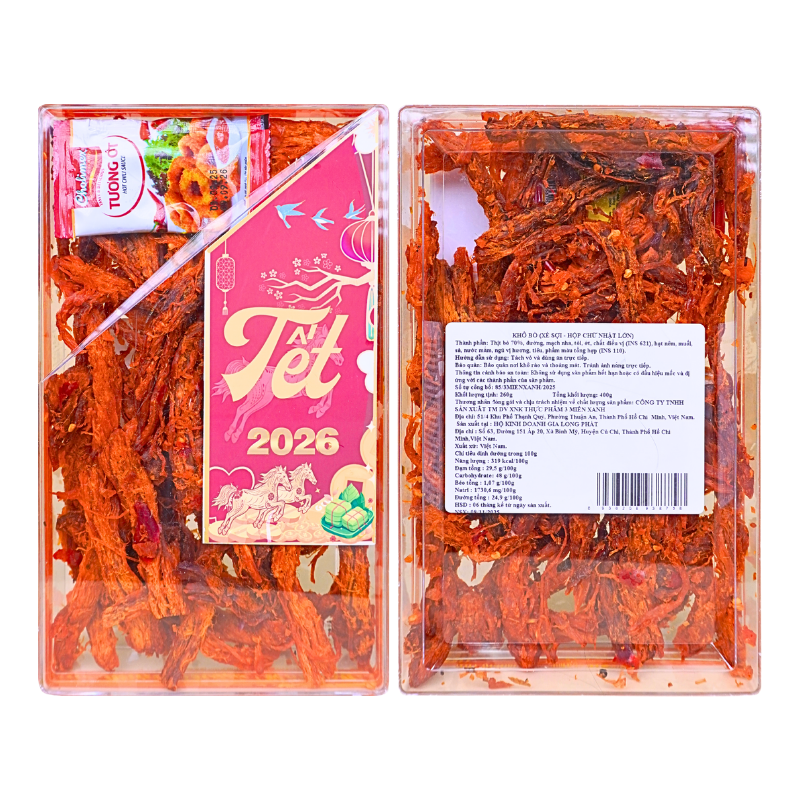 Khô Bò Xé Sợi 400g Hộp Chữ Nhật Lớn Hộp Quà Tết 2026 Khô Bò Xé Sợi 400g Hộp Chữ Nhật Lớn Hộp Quà Tết 2026 - KBXSHCNL400G