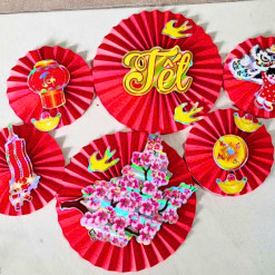 Set 6 Quạt Xếp Đỏ In Ép Kim Nhiều Chữ Trang Trí Tết (Nhiều Mẫu) - QXTT02