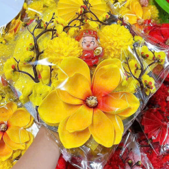 Set Phụ Kiện Trang Trí Hoa Mộc Lan Đào Cổ Tượng - Mẹt Tre Hoa Treo Tường - Phên Tre Trang Trí Tết - MTTT05