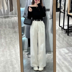 Quần Jeans Nữ Trơn Ống Rộng Vải Dày Mềm Không Co Giãn - QG291