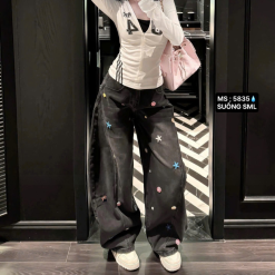 Quần Thụng Jeans Nữ Thêu Ngôi Sao Vải Dày Mềm Không Co Giãn - QG298